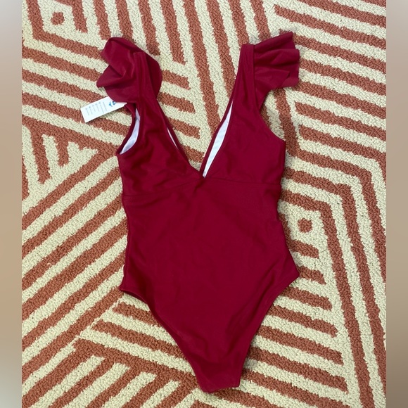 NWT BEACHSISSI S wine colored high cut one piece swimsuit with ruffle - Picture 1 of 6